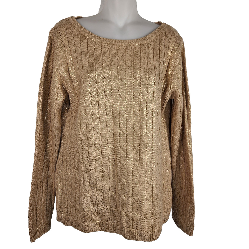 Rafaella Womens Cable Knit Pullover Sweater Gold Ribbed Round Neck Long Sleeve L